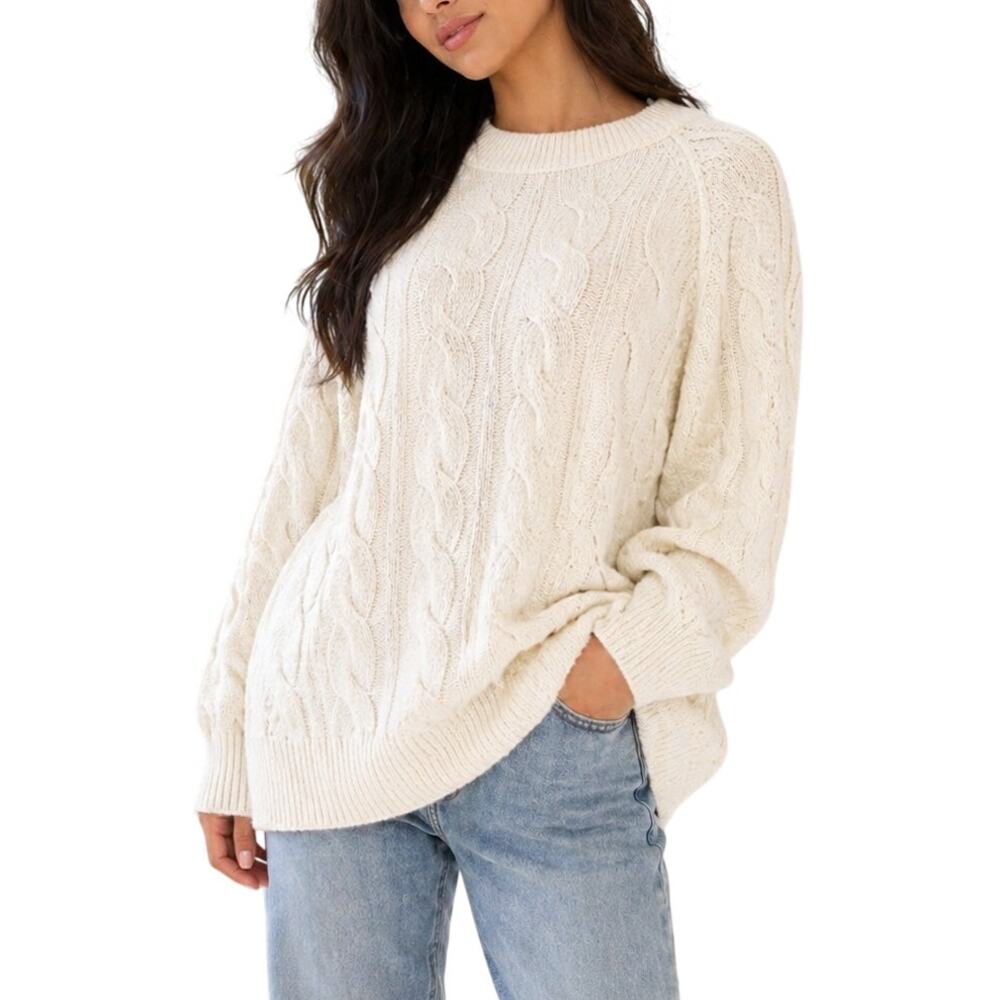 Aerie unREAL Cable Crewneck Sweater Oversized Cream XS